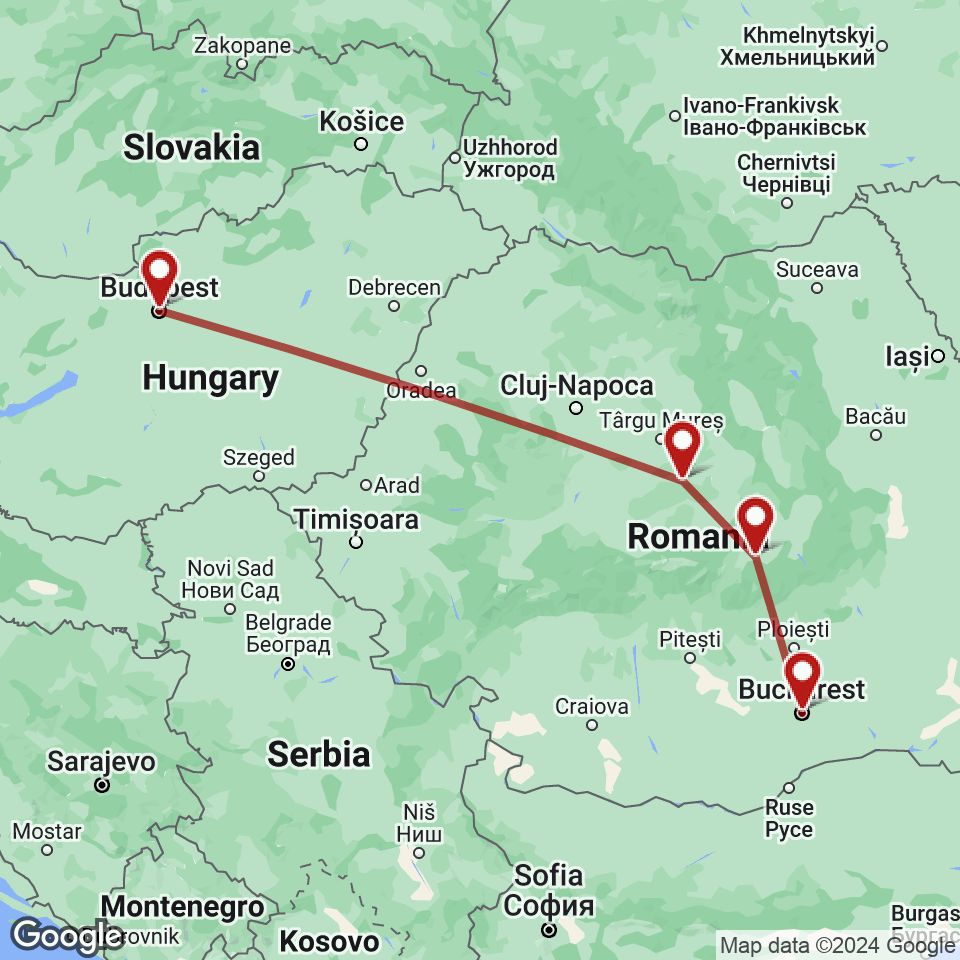 Route for Budapest, Sighisoara, Brasov, Bucharest tour
